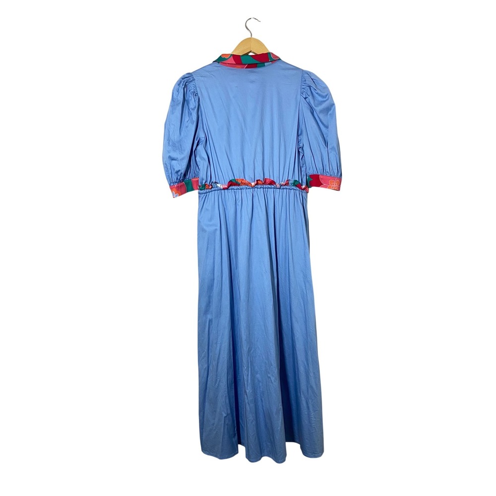 ALDEN ADAIR Maxi Dress Blue Puff Sleeve Collared Floral Print Tie Waist Size L - Picture 2 of 4